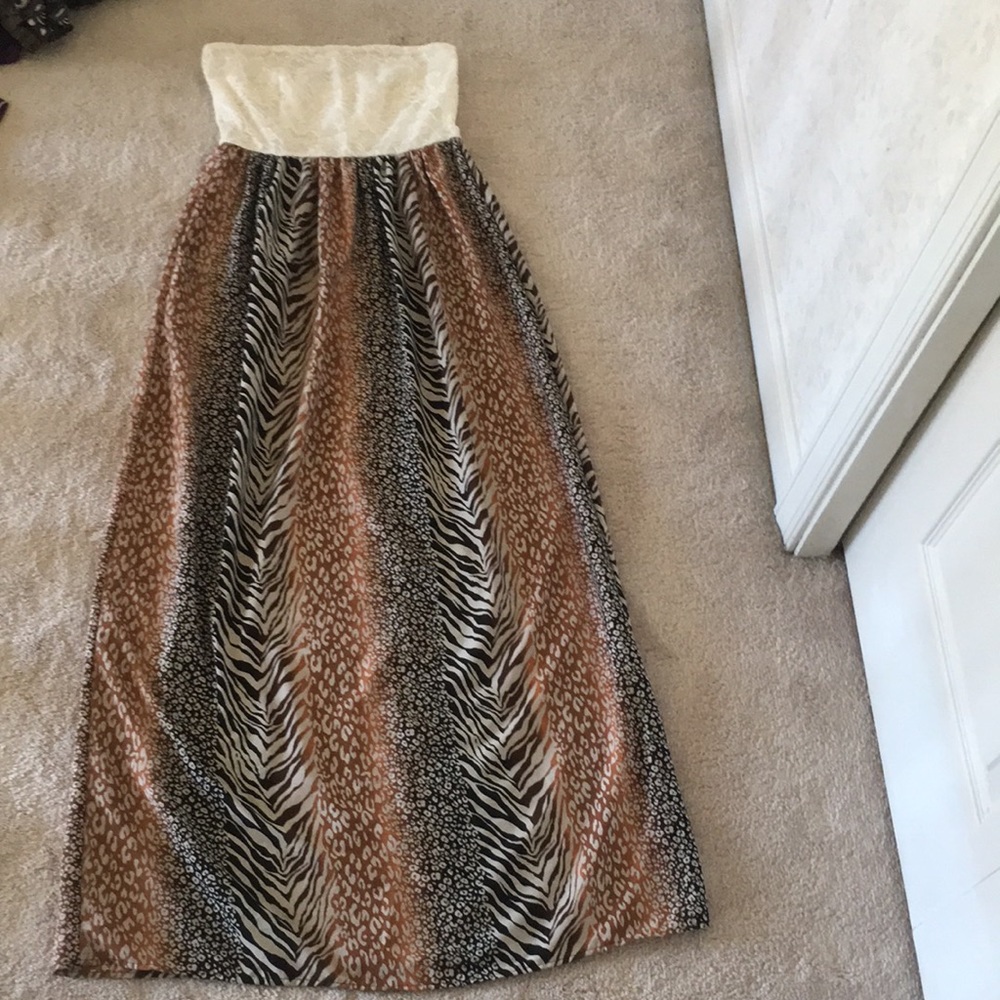 Animal print and lace strapless maxi